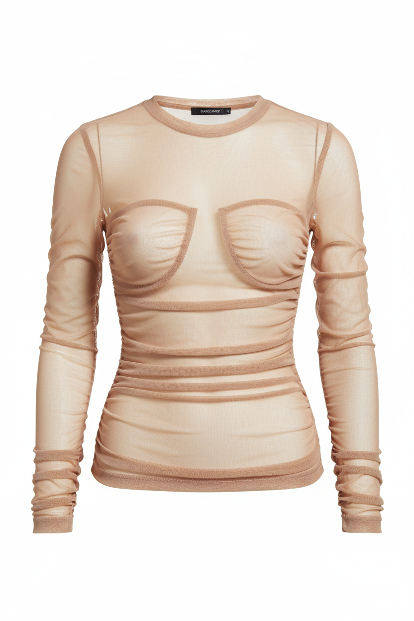 Mesh Ruched Long Sleeve Top — Nude